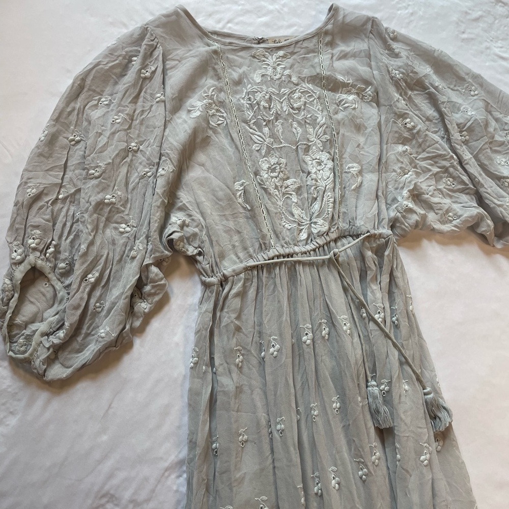 LoveShackFancy gray embroidered maxi dress dolman small oversized gauzy eyelet